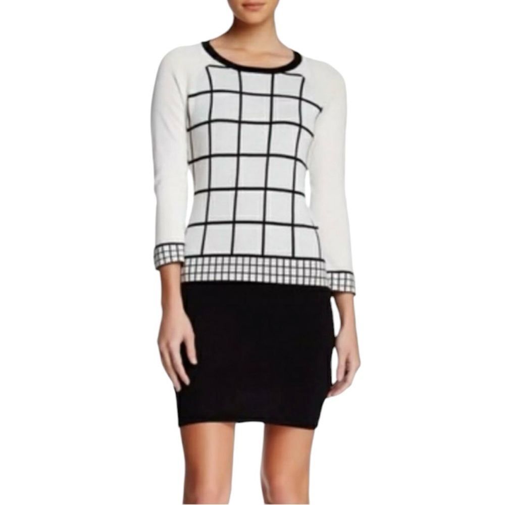 Trina Turk Windowpane‎ Drop Waist Soft Knit Dress Cream & Black Size Small